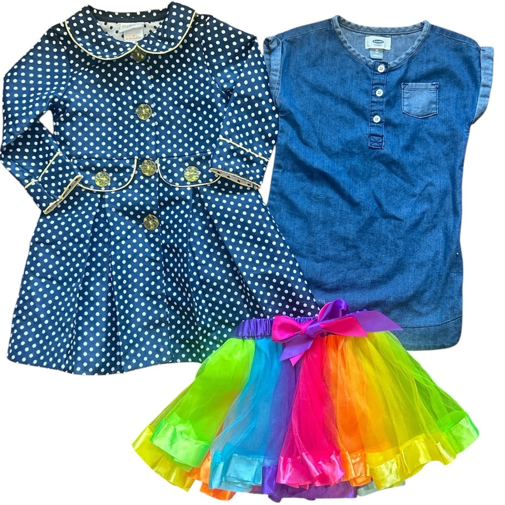 4T Blueberi Navy Blue Polka Dot Dress Coat,  Denim Dress & Rainbow Tutu